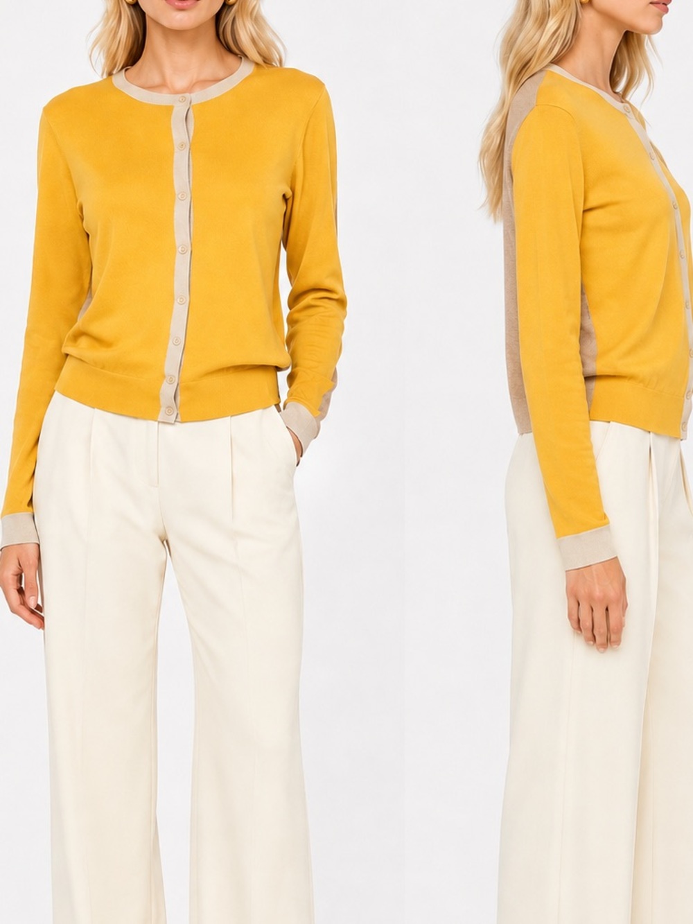 LANDS END 100% Fine Gauge Cotton Yellow & Khaki Tan Women's Cardigan Sweater NWT